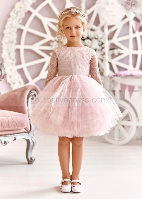 Dusty Pink Lace Tulle Sheer Back Flower Girl Dress